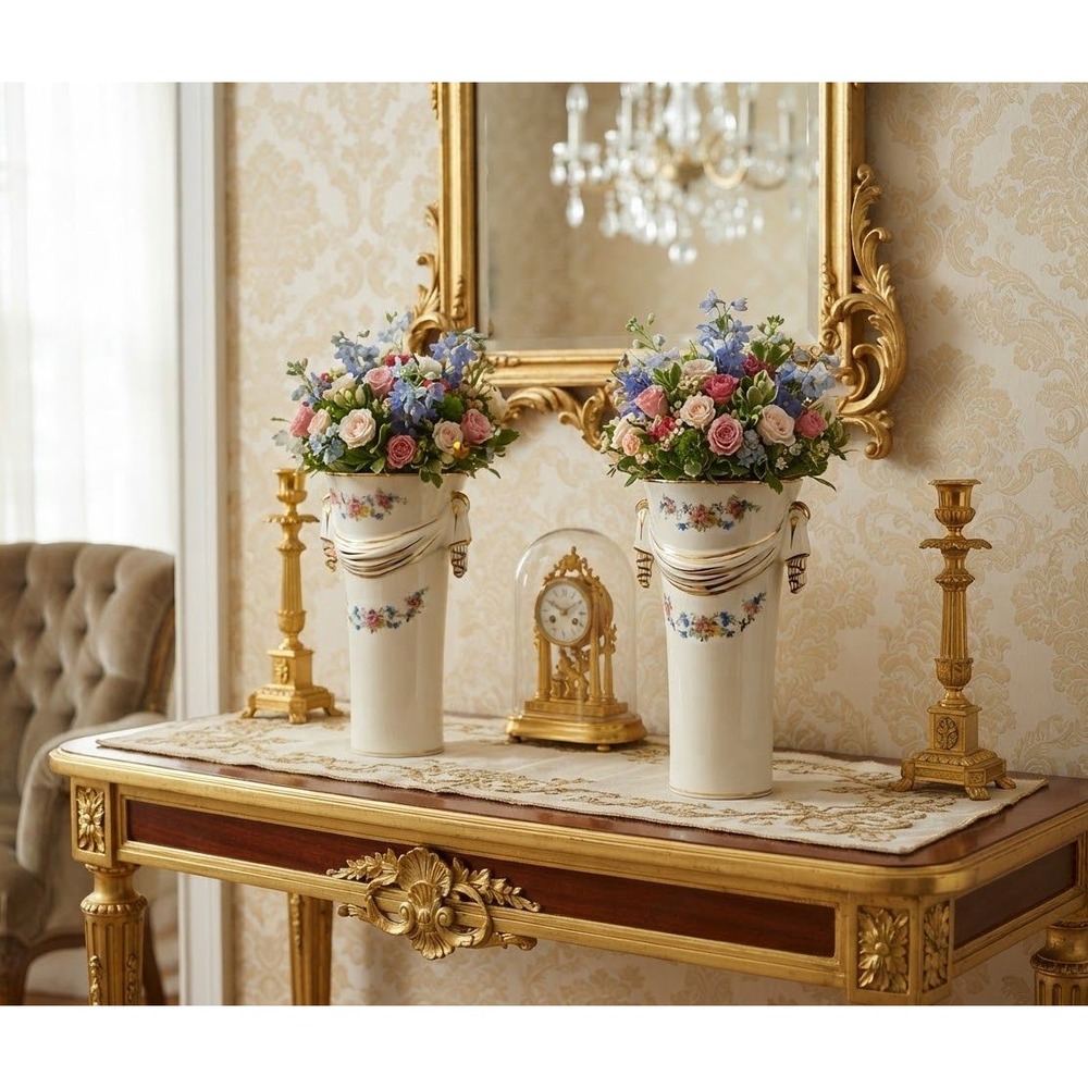 Vintage 1950s Floral Ceramic Mantel Vases Gold Gilt Draped Swag Pair P-133